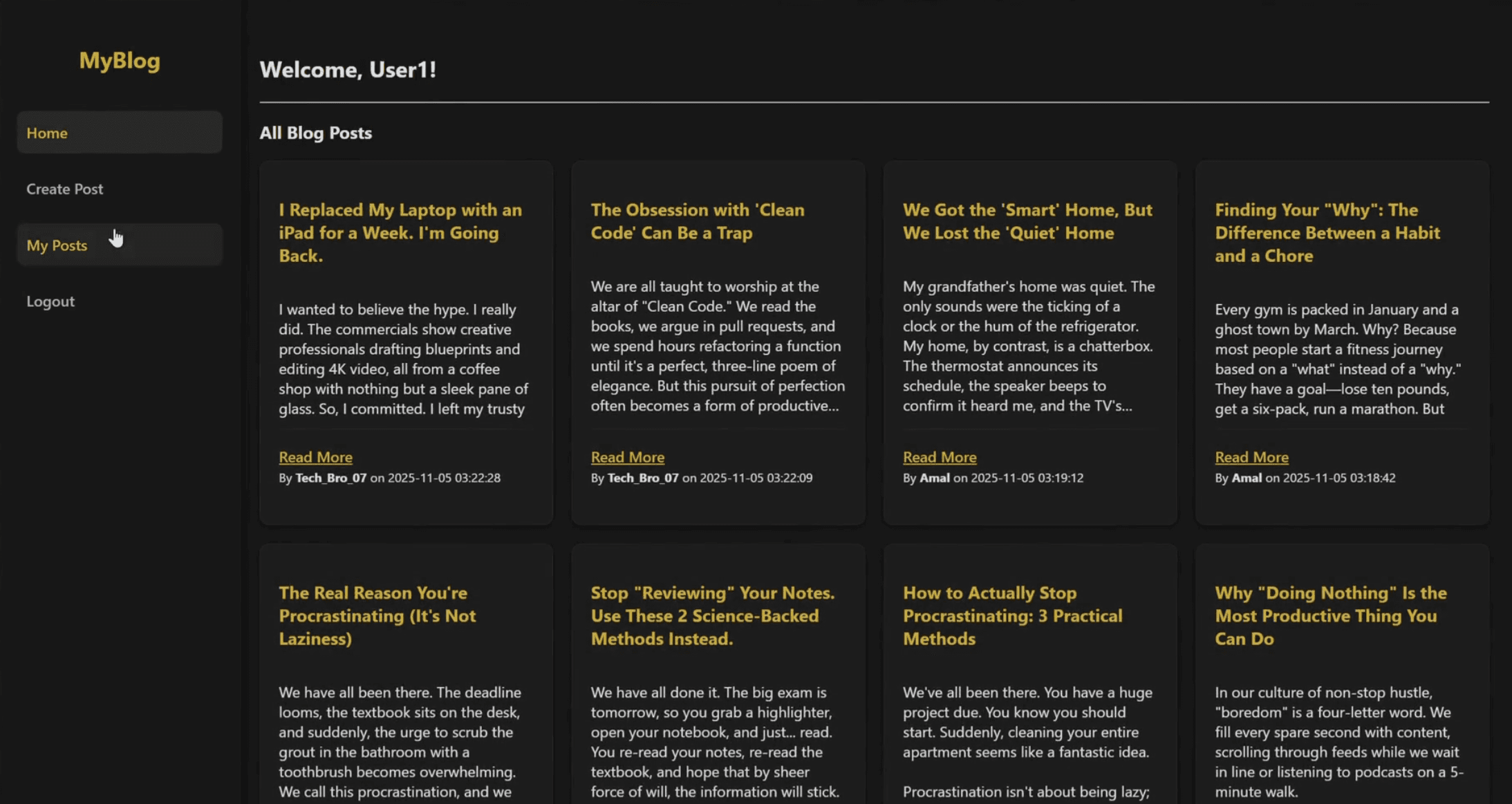 Screenshot 2 of the Minimalist Blog Web Application project